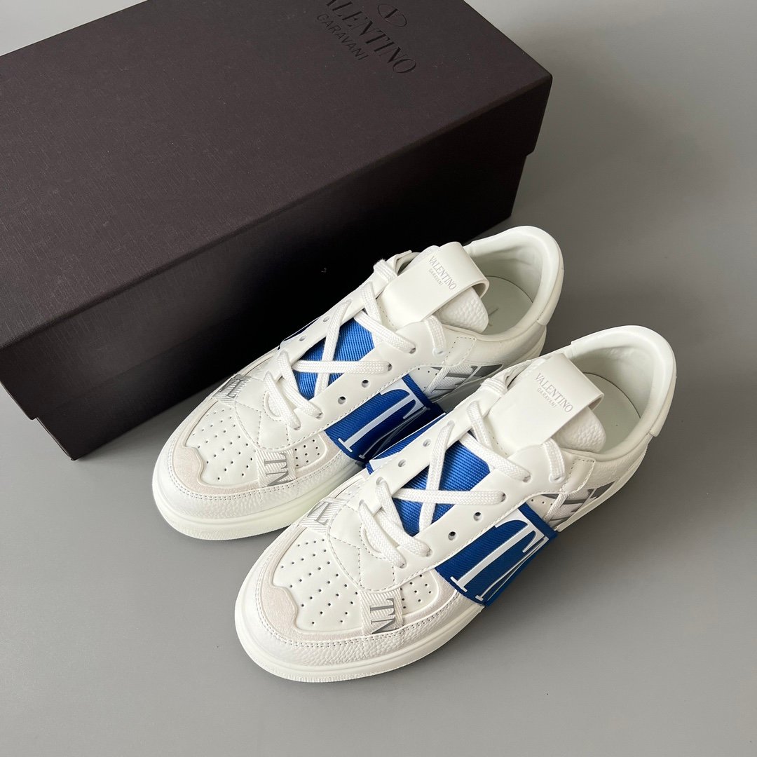 AuroraCustom Valentino VL7N Calfskin Fashion Sneakers (Premium Unisex Grained Calfskin & Suede Paneled Electric Blue Webbing Straps Edition) - Image 9