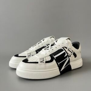 AuroraCustom Valentino VL7N Calfskin Fashion Sneakers (Premium Unisex Grained Calfskin & Black Suede Paneled Black Webbing Straps Edition)