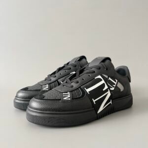 AuroraCustom Valentino VL7N Calfskin Fashion Sneakers (Premium Unisex Grained Black Calfskin & Black Suede Paneled Black Webbing Straps Edition)