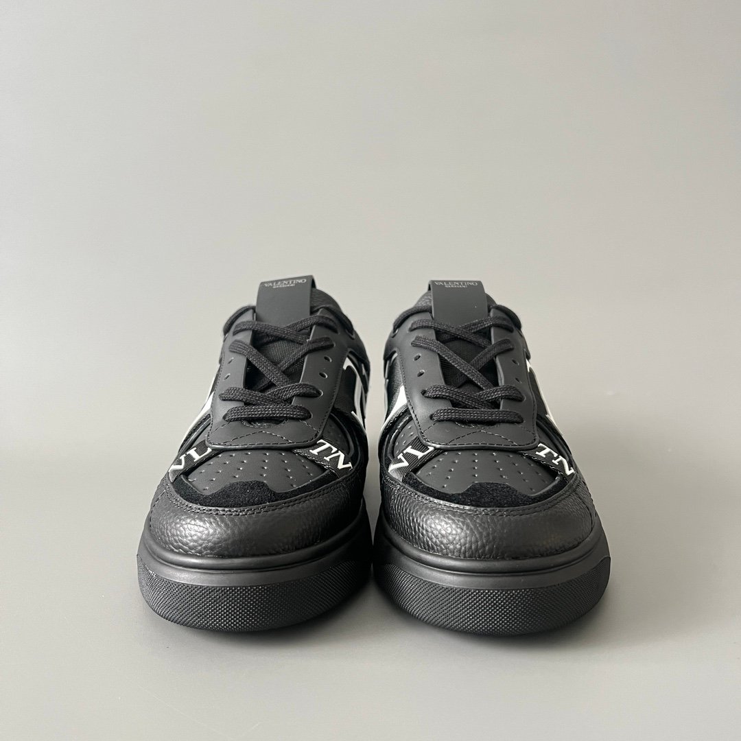 AuroraCustom Valentino VL7N Calfskin Fashion Sneakers (Premium Unisex Grained Black Calfskin & Black Suede Paneled Black Webbing Straps Edition) - Image 2