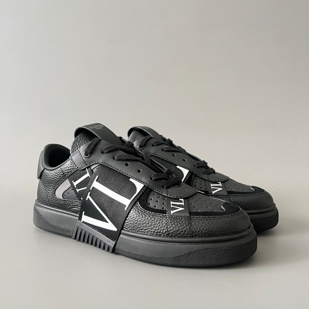 AuroraCustom Valentino VL7N Calfskin Fashion Sneakers (Premium Unisex Grained Black Calfskin & Black Suede Paneled Black Webbing Straps Edition) - Image 3