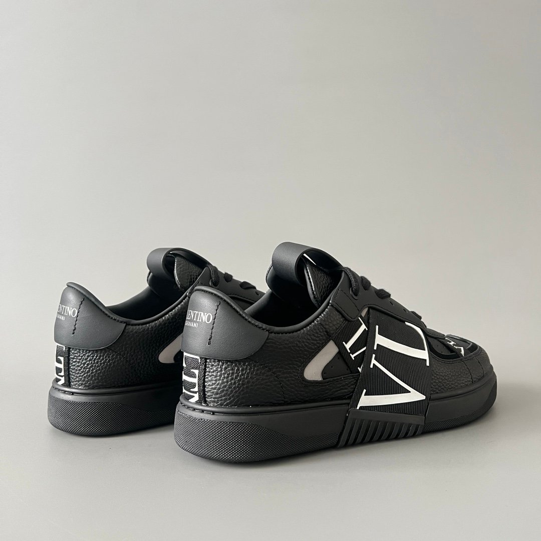 AuroraCustom Valentino VL7N Calfskin Fashion Sneakers (Premium Unisex Grained Black Calfskin & Black Suede Paneled Black Webbing Straps Edition) - Image 4