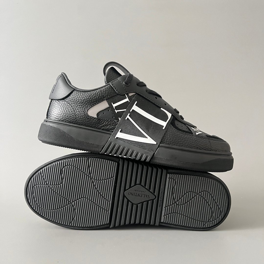 AuroraCustom Valentino VL7N Calfskin Fashion Sneakers (Premium Unisex Grained Black Calfskin & Black Suede Paneled Black Webbing Straps Edition) - Image 6