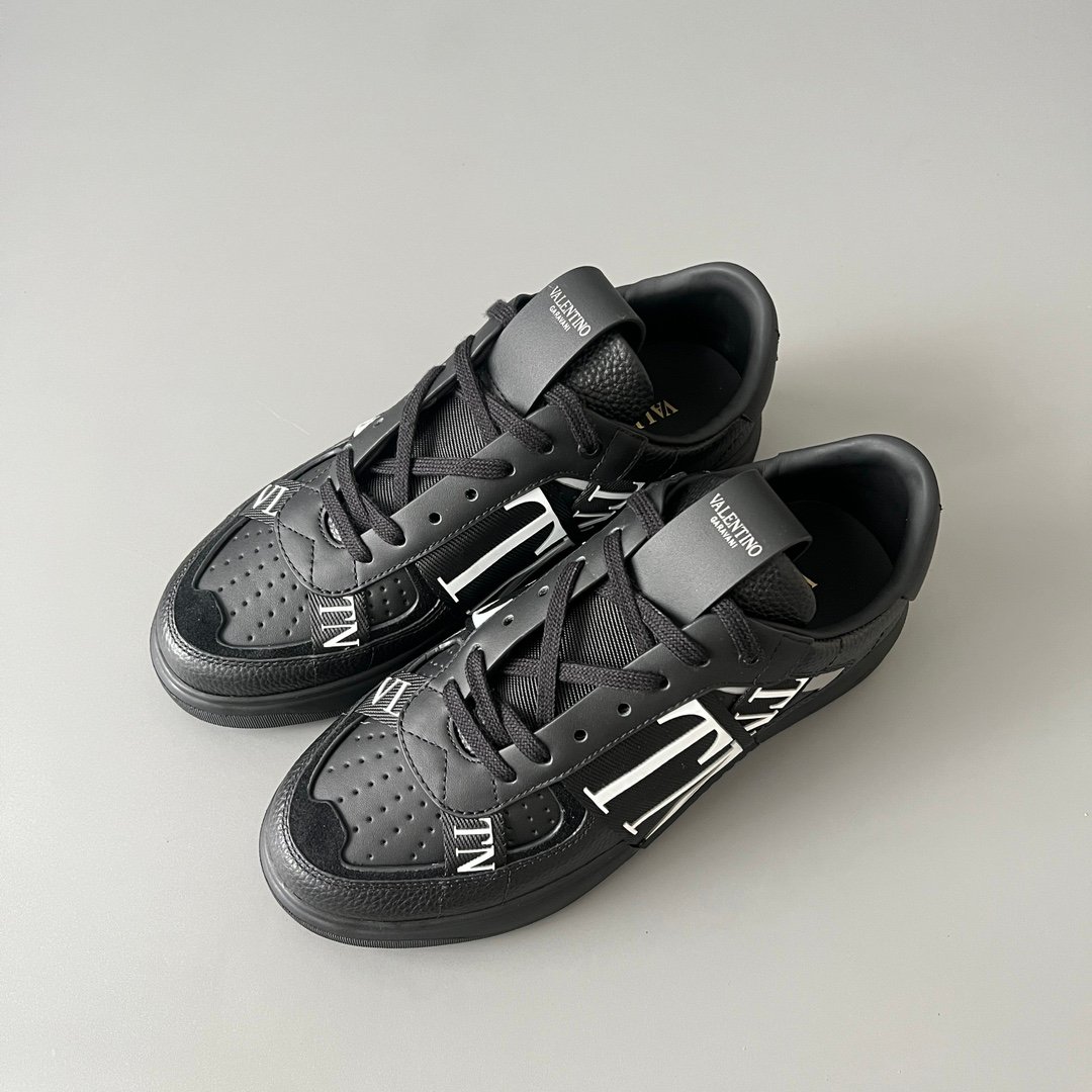 AuroraCustom Valentino VL7N Calfskin Fashion Sneakers (Premium Unisex Grained Black Calfskin & Black Suede Paneled Black Webbing Straps Edition) - Image 8