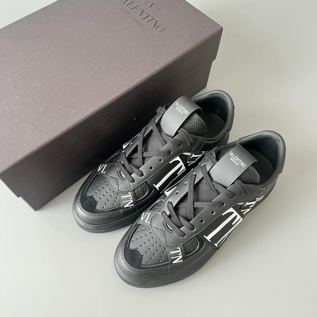 AuroraCustom Valentino VL7N Calfskin Fashion Sneakers (Premium Unisex Grained Black Calfskin & Black Suede Paneled Black Webbing Straps Edition) - Image 9