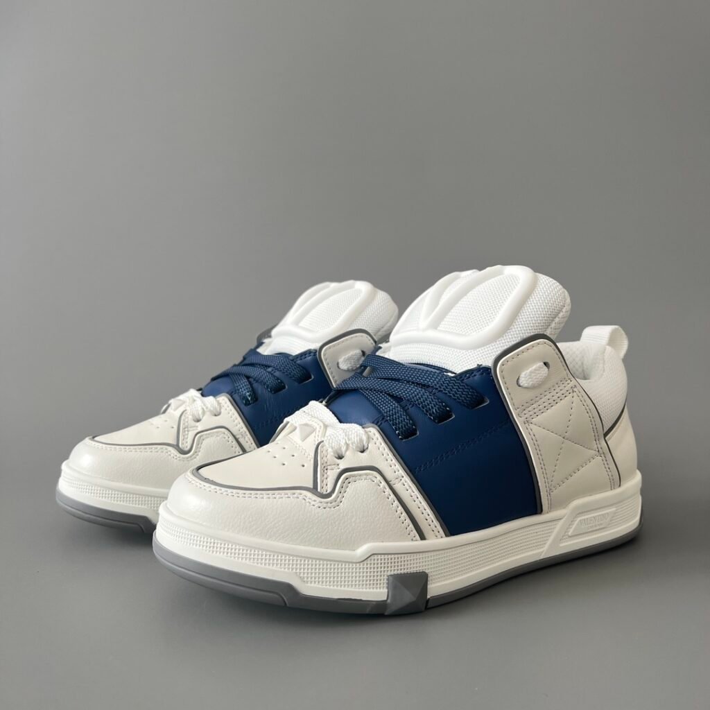 AuroraCustom Valentino Open Skate Low-Top Sneakers (Premium Unisex White & Dark Blue Chunky Padded Skate Edition)