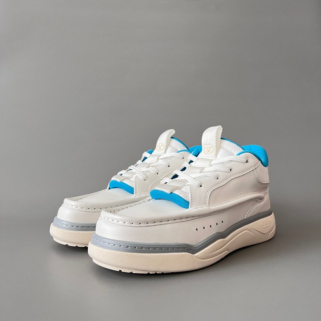 AuroraCustom Valentino GARAVANI Mid-Top Round-Toe Lace-Up Casual Shoes (Premium Men's White Leather & Electric Blue Technical Mesh Mixed-Material Platform Edition)