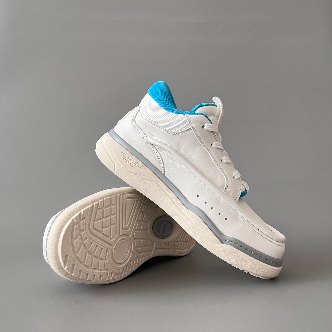 AuroraCustom Valentino GARAVANI Mid-Top Round-Toe Lace-Up Casual Shoes (Premium Men's White Leather & Electric Blue Technical Mesh Mixed-Material Platform Edition) - Image 7