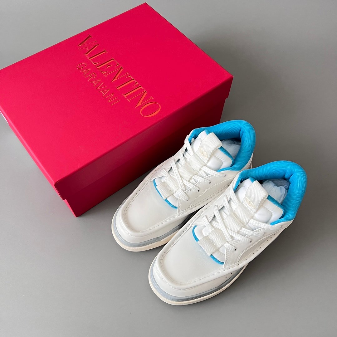 AuroraCustom Valentino GARAVANI Mid-Top Round-Toe Lace-Up Casual Shoes (Premium Men's White Leather & Electric Blue Technical Mesh Mixed-Material Platform Edition) - Image 9