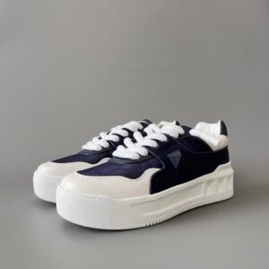 AuroraCustom Valentino GARAVANI Round-Toe Lace-Up Low-Top Sneakers (Premium Unisex White Leather & Deep Navy Monogram Fabric Mixed-Material Platform Court Edition)