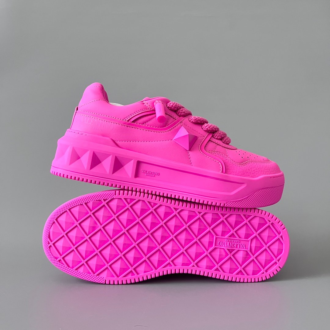 AuroraCustom Valentino GARAVANI Round-Toe Lace-Up Low-Top Sneakers (Premium Unisex Shocking Hot Pink Full Leather Platform Court Edition) - Image 6