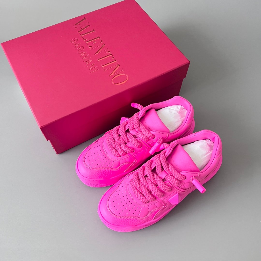 AuroraCustom Valentino GARAVANI Round-Toe Lace-Up Low-Top Sneakers (Premium Unisex Shocking Hot Pink Full Leather Platform Court Edition) - Image 9