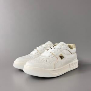 AuroraCustom Valentino GARAVANI Round-Toe Lace-Up Low-Top Sneakers (Premium Unisex White & Metallic Gold Full Leather Platform Court Edition)