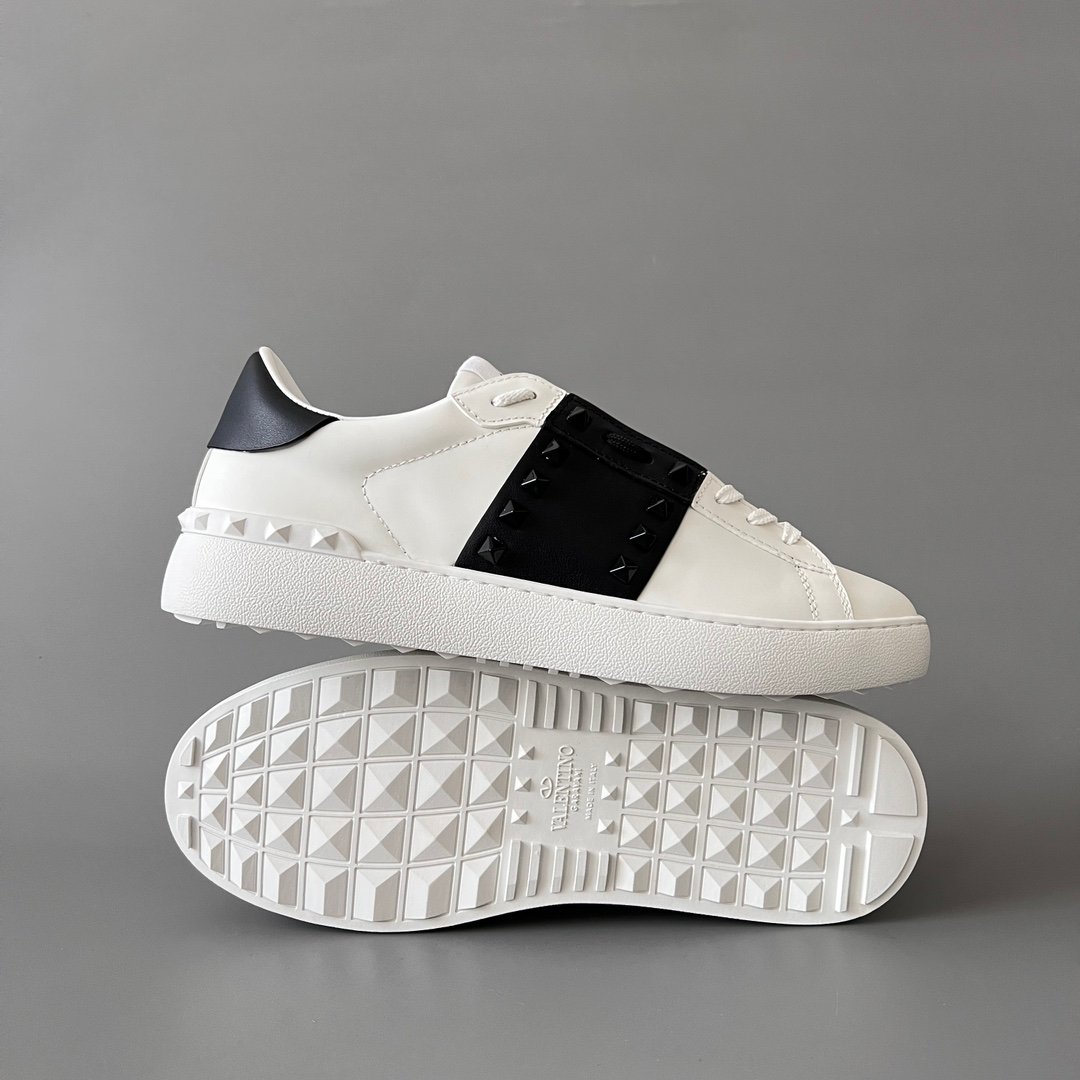 AuroraCustom Valentino Rockstud Untitled Lace-Up Round-Toe Casual Sneakers (Premium Unisex Wabi-Sabi Aesthetic White & Black Leather Black Studded Court Edition) - Image 6