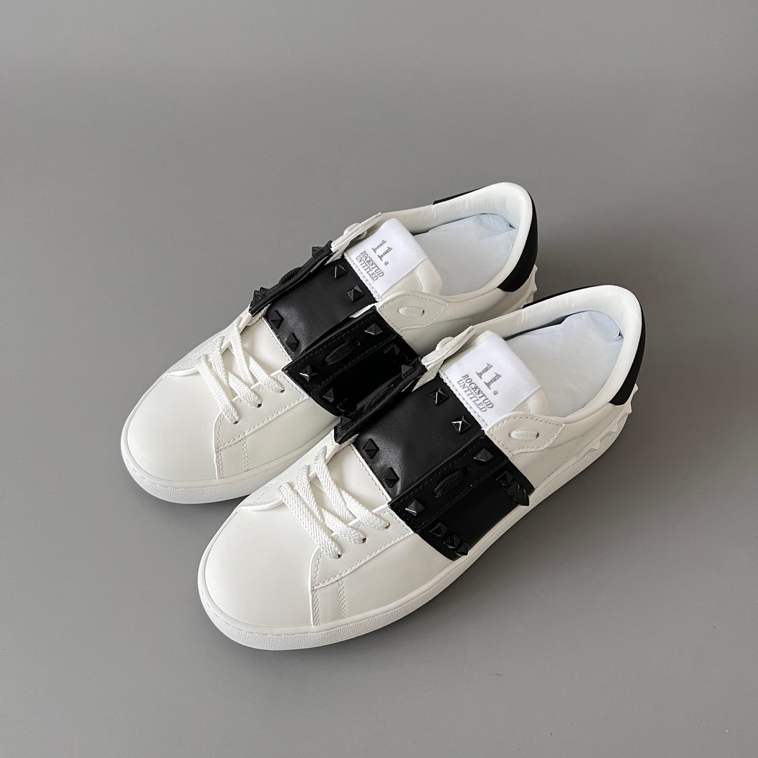 AuroraCustom Valentino Rockstud Untitled Lace-Up Round-Toe Casual Sneakers (Premium Unisex Wabi-Sabi Aesthetic White & Black Leather Black Studded Court Edition) - Image 8