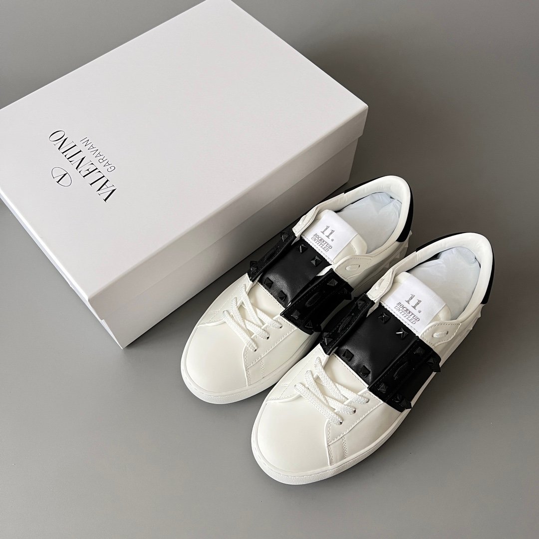 AuroraCustom Valentino Rockstud Untitled Lace-Up Round-Toe Casual Sneakers (Premium Unisex Wabi-Sabi Aesthetic White & Black Leather Black Studded Court Edition) - Image 9