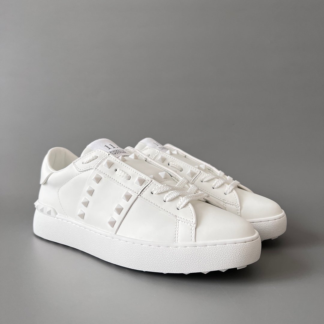 AuroraCustom Valentino Rockstud Untitled Lace-Up Round-Toe Casual Sneakers (Premium Unisex Wabi-Sabi Aesthetic White Leather White Studded Court Edition) - Image 3