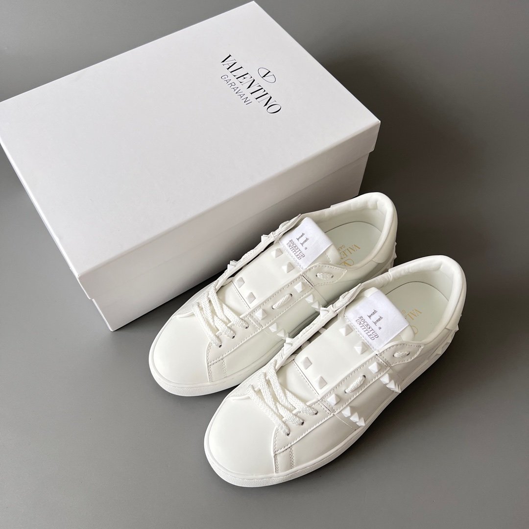 AuroraCustom Valentino Rockstud Untitled Lace-Up Round-Toe Casual Sneakers (Premium Unisex Wabi-Sabi Aesthetic White Leather White Studded Court Edition) - Image 9
