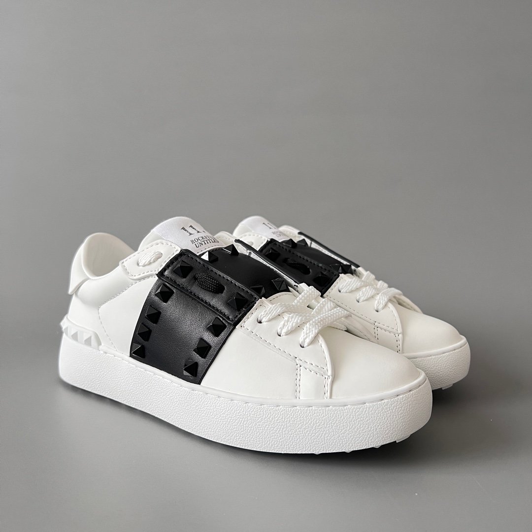 AuroraCustom Valentino Rockstud Untitled Lace-Up Round-Toe Casual Sneakers (Premium Unisex Wabi-Sabi Aesthetic White & Black Leather Black Studded Court Edition) - Image 3