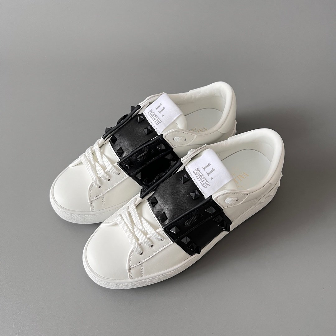 AuroraCustom Valentino Rockstud Untitled Lace-Up Round-Toe Casual Sneakers (Premium Unisex Wabi-Sabi Aesthetic White & Black Leather Black Studded Court Edition) - Image 8
