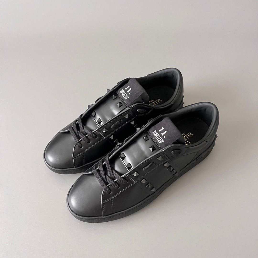 AuroraCustom Valentino Rockstud Untitled Lace-Up Round-Toe Casual Sneakers (Premium Unisex Wabi-Sabi Aesthetic Triple Black Leather Studded Court Edition) - Image 8