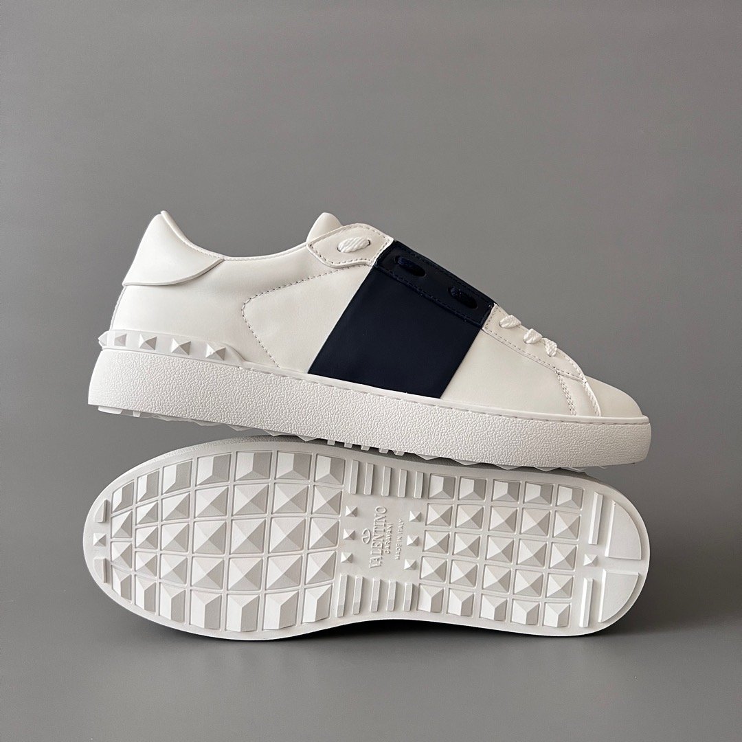AuroraCustom Valentino Rockstud Untitled Lace-Up Round-Toe Casual Sneakers (Premium Unisex Wabi-Sabi Aesthetic White & Navy Blue Leather Court Edition) - Image 6