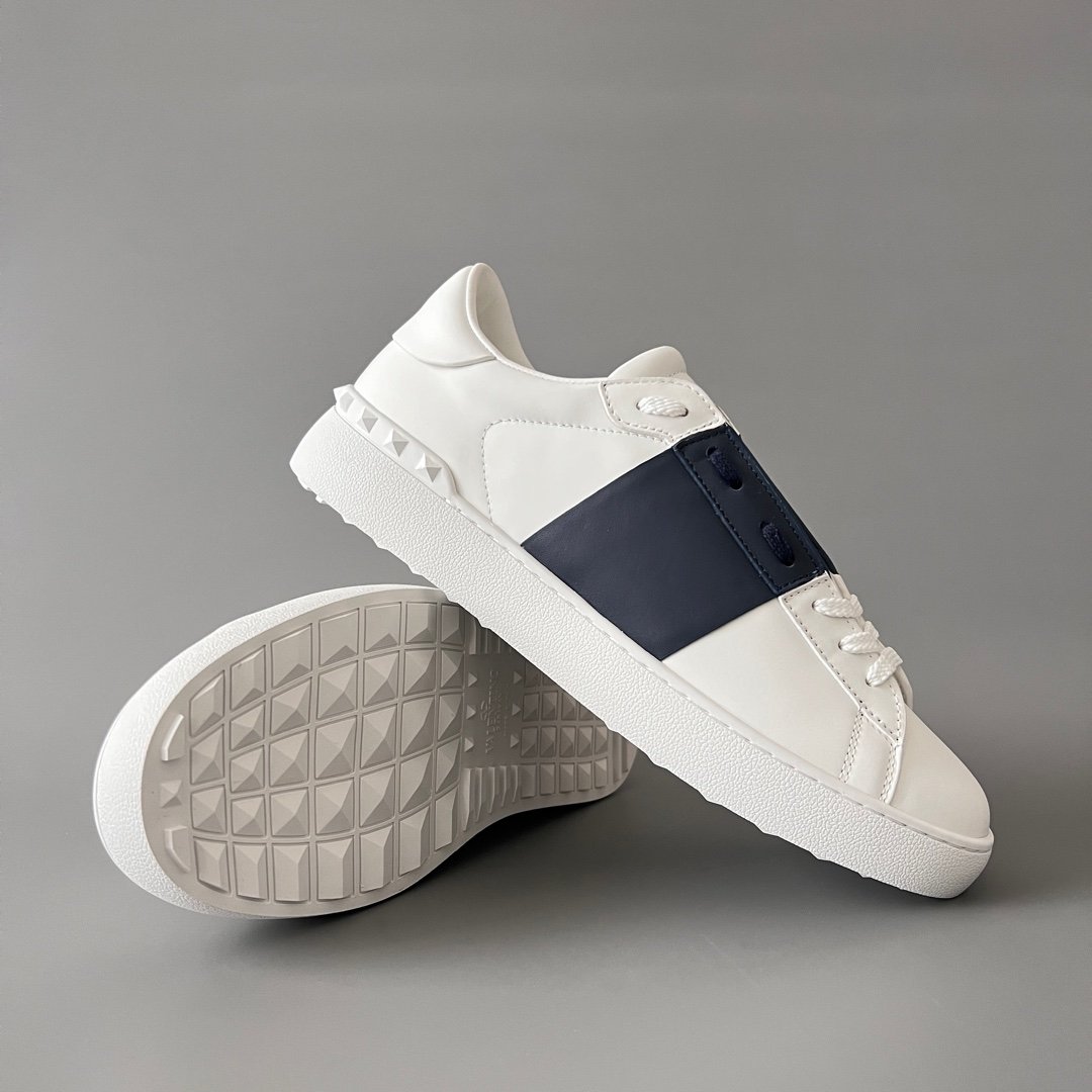 AuroraCustom Valentino Rockstud Untitled Lace-Up Round-Toe Casual Sneakers (Premium Unisex Wabi-Sabi Aesthetic White & Navy Blue Leather Court Edition) - Image 7