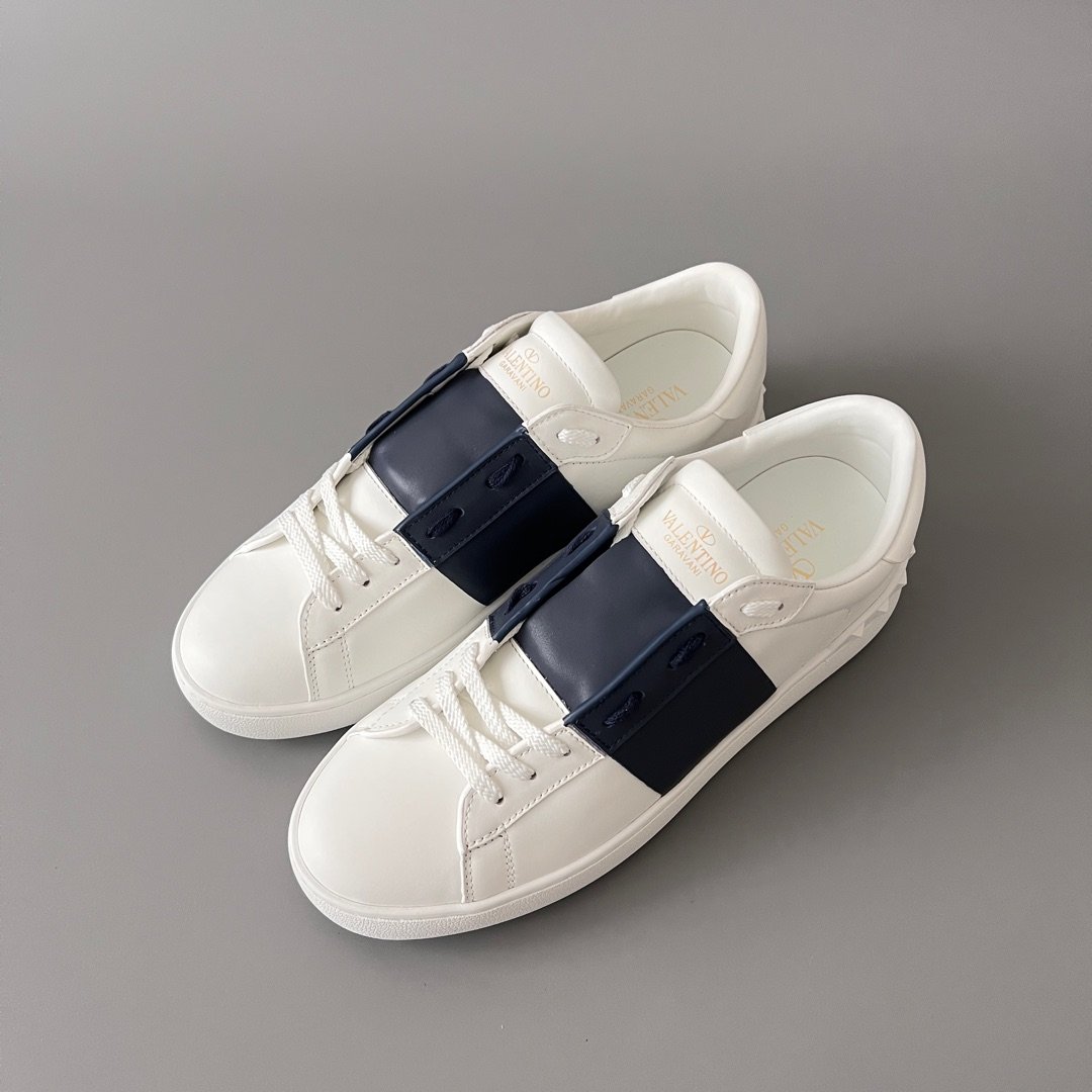 AuroraCustom Valentino Rockstud Untitled Lace-Up Round-Toe Casual Sneakers (Premium Unisex Wabi-Sabi Aesthetic White & Navy Blue Leather Court Edition) - Image 8