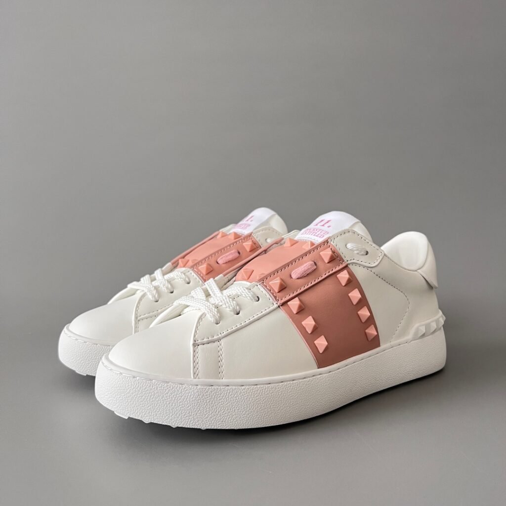 AuroraCustom Valentino Rockstud Untitled Lace-Up Round-Toe Casual Sneakers (Premium Unisex Wabi-Sabi Aesthetic White Leather Pastel Pink Studded Court Edition)