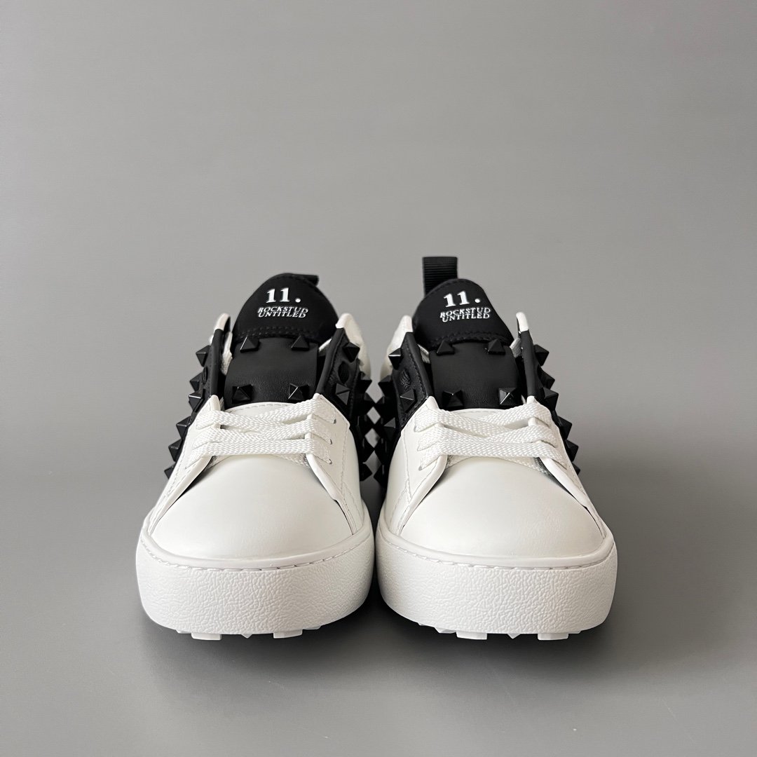 AuroraCustom Valentino Rockstud Untitled Lace-Up Round-Toe Casual Sneakers (Premium Unisex Wabi-Sabi Aesthetic White & Black Leather Black Studded Heel Pull Edition) - Image 2