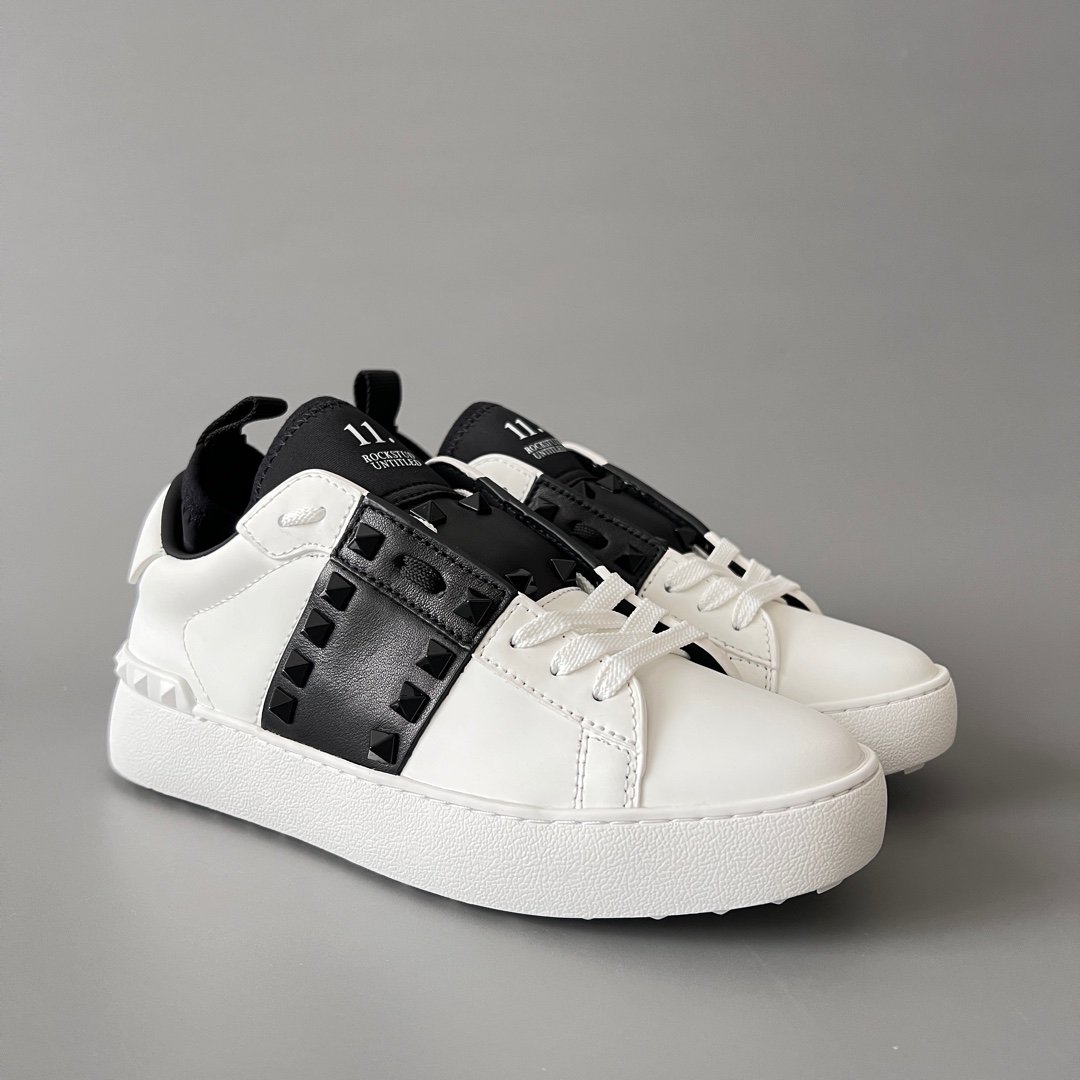 AuroraCustom Valentino Rockstud Untitled Lace-Up Round-Toe Casual Sneakers (Premium Unisex Wabi-Sabi Aesthetic White & Black Leather Black Studded Heel Pull Edition) - Image 3