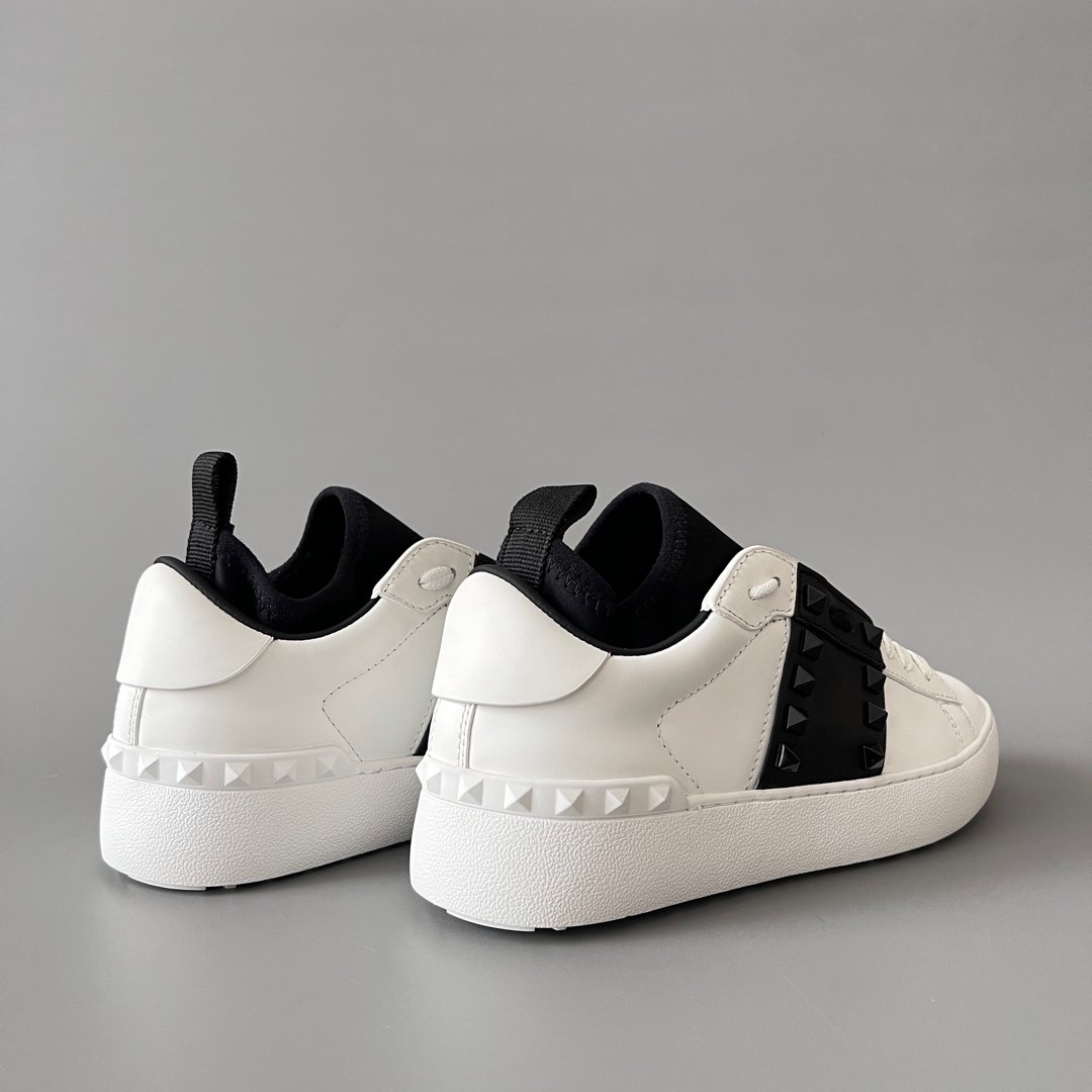 AuroraCustom Valentino Rockstud Untitled Lace-Up Round-Toe Casual Sneakers (Premium Unisex Wabi-Sabi Aesthetic White & Black Leather Black Studded Heel Pull Edition) - Image 4