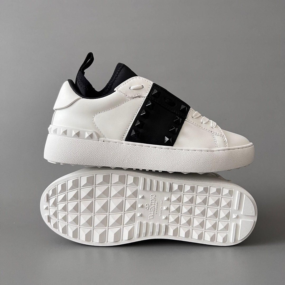 AuroraCustom Valentino Rockstud Untitled Lace-Up Round-Toe Casual Sneakers (Premium Unisex Wabi-Sabi Aesthetic White & Black Leather Black Studded Heel Pull Edition) - Image 6