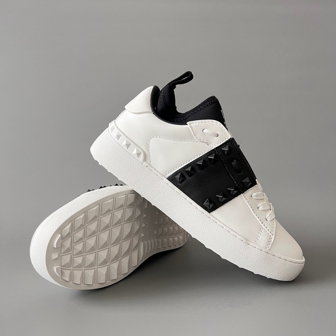 AuroraCustom Valentino Rockstud Untitled Lace-Up Round-Toe Casual Sneakers (Premium Unisex Wabi-Sabi Aesthetic White & Black Leather Black Studded Heel Pull Edition) - Image 7