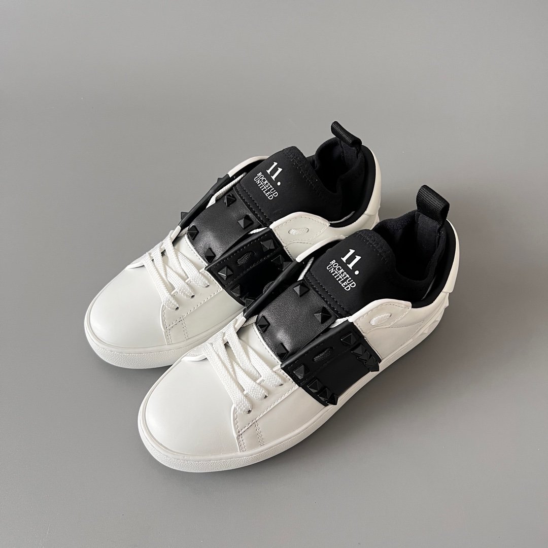 AuroraCustom Valentino Rockstud Untitled Lace-Up Round-Toe Casual Sneakers (Premium Unisex Wabi-Sabi Aesthetic White & Black Leather Black Studded Heel Pull Edition) - Image 8