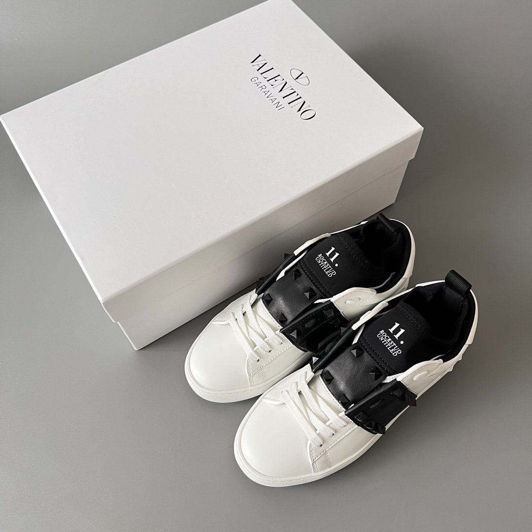 AuroraCustom Valentino Rockstud Untitled Lace-Up Round-Toe Casual Sneakers (Premium Unisex Wabi-Sabi Aesthetic White & Black Leather Black Studded Heel Pull Edition) - Image 9