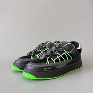 AuroraCustom BALMAIN B-Court Logo Embro Embroidered Low-Top Platform Board Shoes (Premium Men's Black Calfskin & Charcoal Suede Neon Green Dual-Tone TPU Outsole Utility Edition)