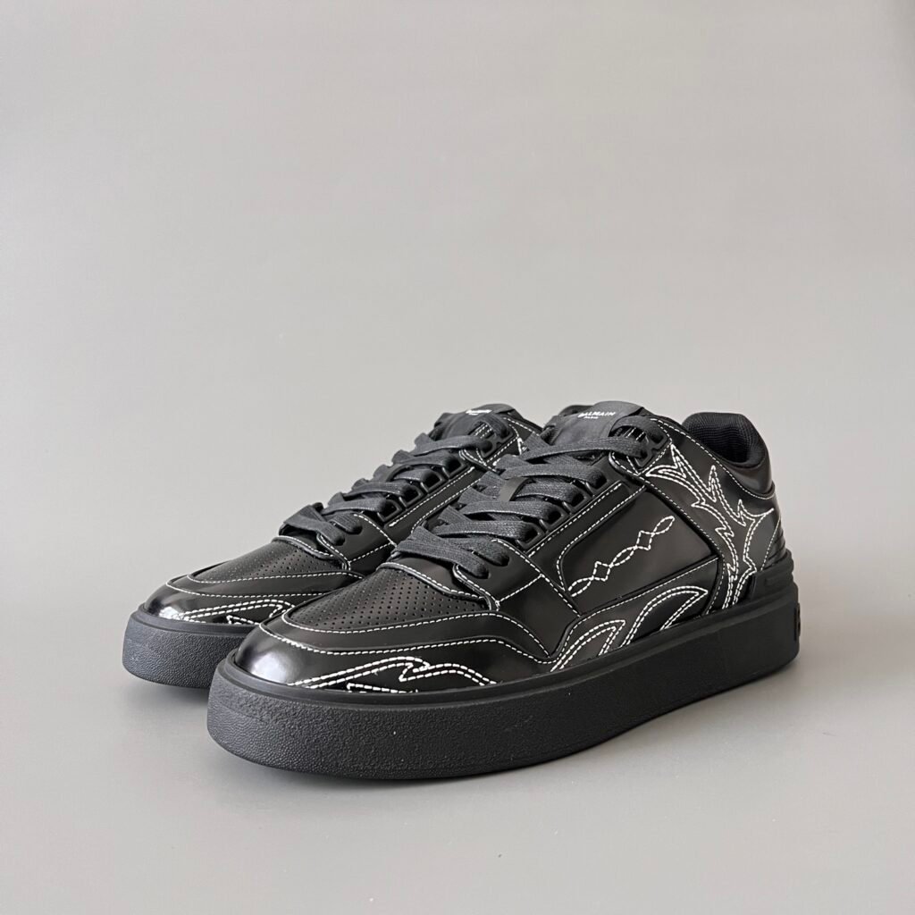 AuroraCustom BALMAIN B-Court Western Contrast Stitching Low-Top Platform Board Shoes (Premium Men's Calfskin Leather Embroidered Solid Black TPU Outsole Luxury Edition)