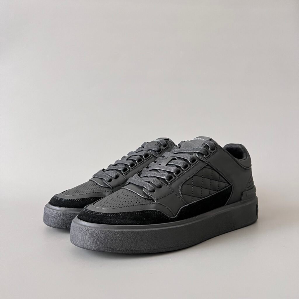 AuroraCustom BALMAIN B-Court Quilted Diamond Low-Top Platform Board Shoes (Premium Men's Charcoal Calfskin & Black Suede Solid Charcoal TPU Outsole Luxury Edition)