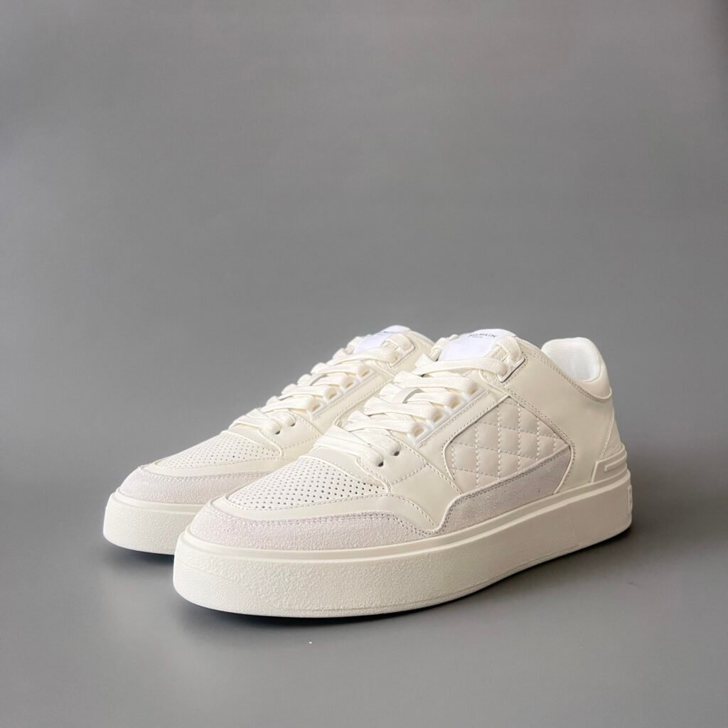 AuroraCustom BALMAIN B-Court Quilted Diamond Low-Top Platform Board Shoes (Premium Men's Off-White Calfskin & Light Grey Suede Solid Off-White TPU Outsole Luxury Edition)