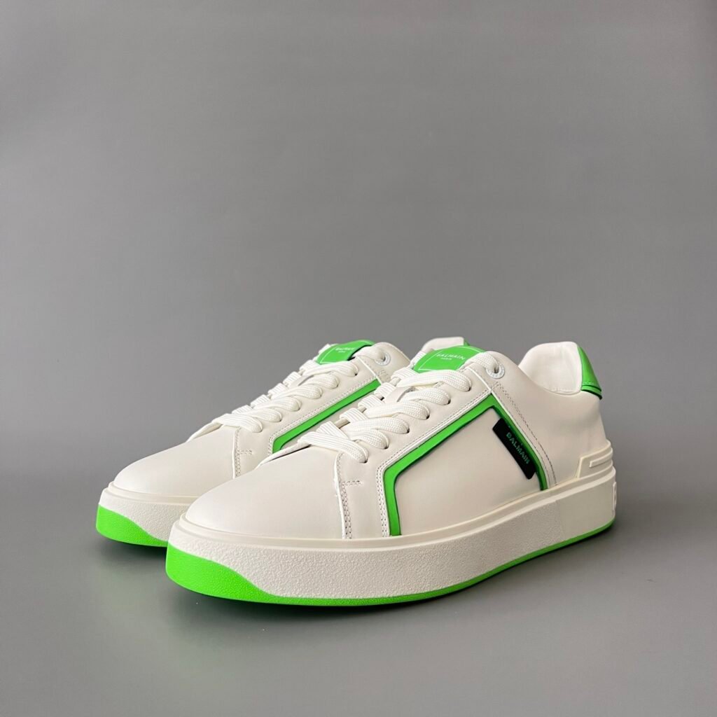 AuroraCustom BALMAIN B-Court Graphic Trim Low-Top Platform Board Shoes (Premium Men's White Calfskin & Neon Green Accent Dual-Tone TPU Outsole Luxury Edition)