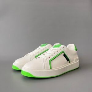 AuroraCustom BALMAIN B-Court Graphic Trim Low-Top Platform Board Shoes (Premium Men's White Calfskin & Neon Green Accent Dual-Tone TPU Outsole Luxury Edition)