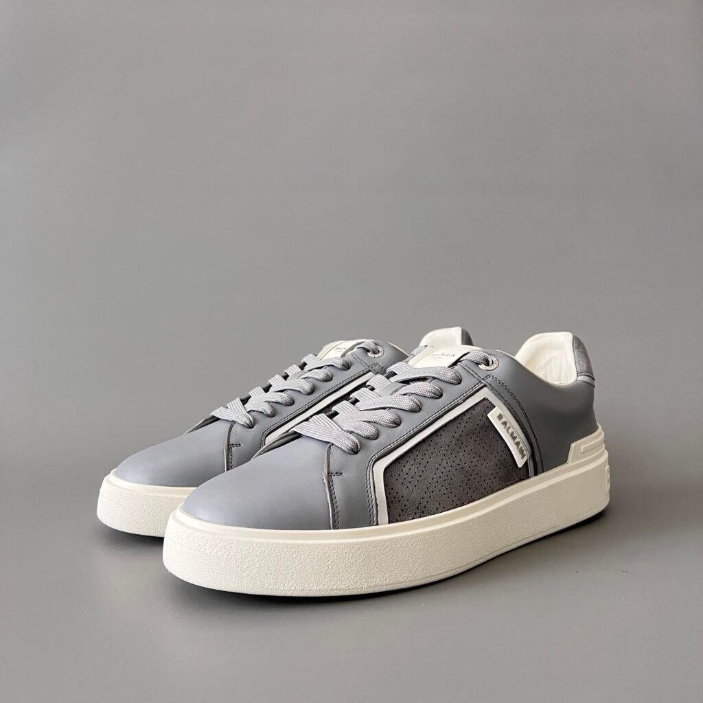 AuroraCustom BALMAIN B-Court Panel Trim Low-Top Platform Board Shoes (Premium Men's Slate Grey Calfskin & Perforated Suede Solid Off-White TPU Outsole Luxury Edition)