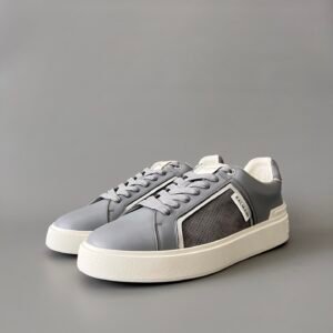 AuroraCustom BALMAIN B-Court Panel Trim Low-Top Platform Board Shoes (Premium Men's Slate Grey Calfskin & Perforated Suede Solid Off-White TPU Outsole Luxury Edition)