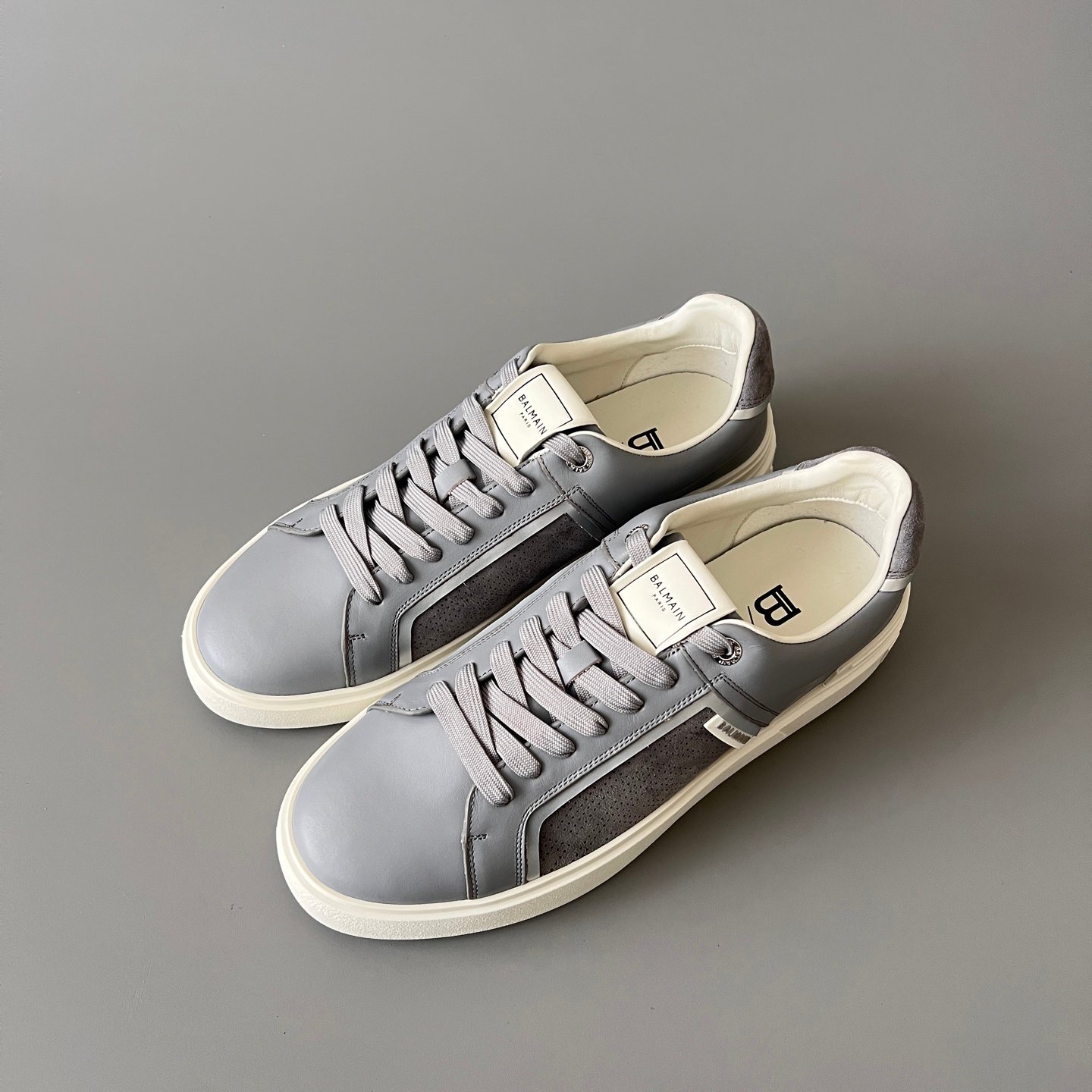 AuroraCustom BALMAIN B-Court Panel Trim Low-Top Platform Board Shoes (Premium Men's Slate Grey Calfskin & Perforated Suede Solid Off-White TPU Outsole Luxury Edition) - Image 8