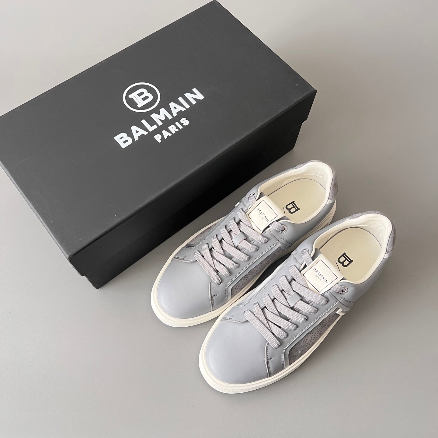 AuroraCustom BALMAIN B-Court Panel Trim Low-Top Platform Board Shoes (Premium Men's Slate Grey Calfskin & Perforated Suede Solid Off-White TPU Outsole Luxury Edition) - Image 9