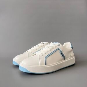 AuroraCustom BALMAIN B-Court Graphic Trim Low-Top Platform Board Shoes (Premium Men's White Calfskin & Sky Blue Accent Dual-Tone TPU Outsole Luxury Edition)
