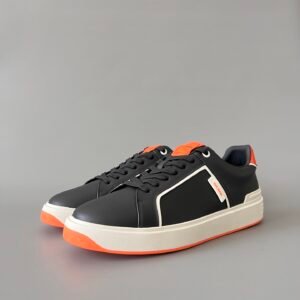 AuroraCustom BALMAIN B-Court Graphic Trim Low-Top Platform Board Shoes (Premium Men's Black Calfskin & Vibrant Orange Accent Dual-Tone TPU Outsole Luxury Edition)