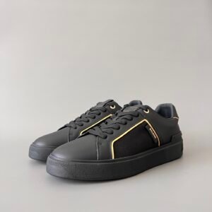 AuroraCustom BALMAIN B-Court Graphic Trim Low-Top Platform Board Shoes (Premium Men's Black Calfskin & Gold Accent Monochromatic Black TPU Outsole Luxury Edition)