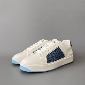 AuroraCustom BALMAIN B-Court Monogram Denim Low-Top Platform Board Shoes (Premium Men's White Calfskin & Blue Jacquard Dual-Tone TPU Outsole Luxury Edition)